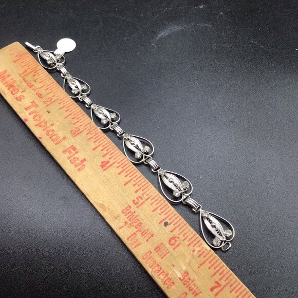Vtg Filigree Bracelet Sterling Silver Heart Shaped Scrolls Link and Rhinestones - Picture 5 of 5